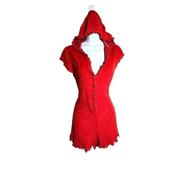 Beach Bunny size Medium red terry  Romper swimsuit Cover up gold buttons - Picture 2 of 9